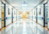 Blurred hospital corridor with doors and lights