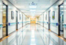 Blurred hospital corridor with doors and lights