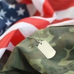 Military dog tags resting on camouflage fabric with an American flag in the background
