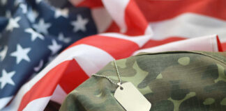 Military dog tags resting on camouflage fabric with an American flag in the background