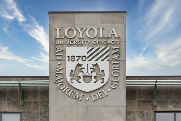 Loyola University Chicago emblem displayed on a building