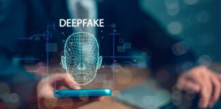 A digital representation of a face labeled 'DEEPFAKE' displayed on a smartphone