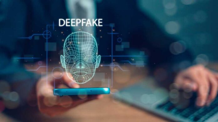 A digital representation of a face labeled 'DEEPFAKE' displayed on a smartphone