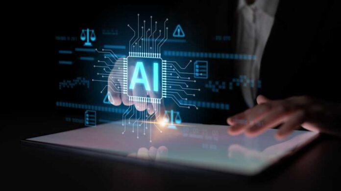 A hand interacting with a digital interface displaying AI technology