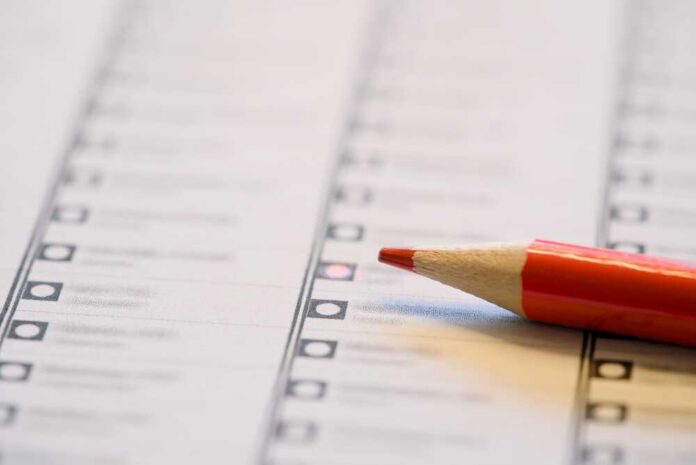 Close-up of a voting ballot with a red pencil