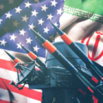 Missile system in front of Iranian and American flags