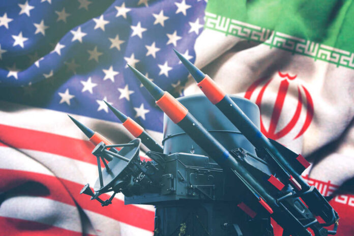 Missile system in front of Iranian and American flags