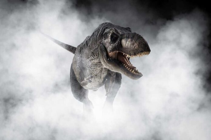 A Tyrannosaurus Rex emerging from fog with an aggressive stance