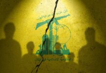 Silhouettes of individuals against a yellow wall featuring Hezbollah's emblem