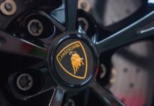 Close-up of a Lamborghini wheel with logo