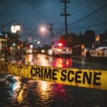 Police cars at a crime scene with caution tape in the foreground