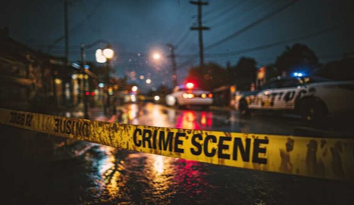 Police cars at a crime scene with caution tape in the foreground