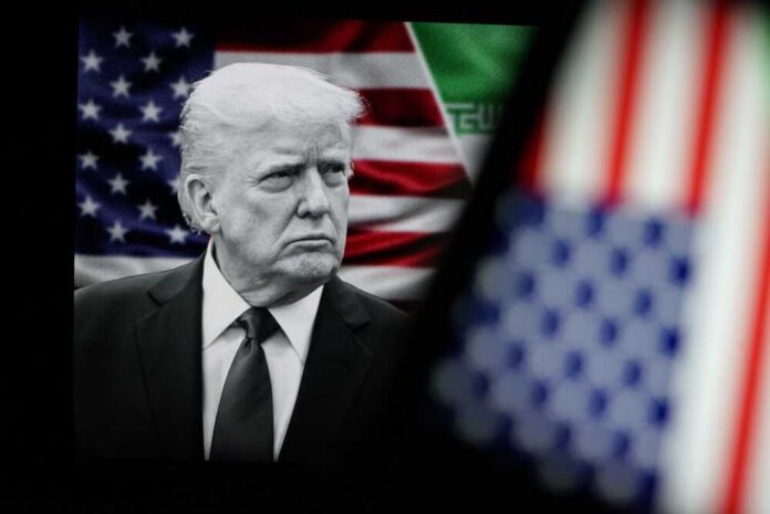 Black and white portrait of a political figure in front of an American flag