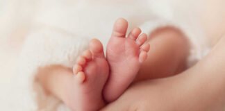 Baby feet cradled in adult hands