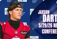 Giants QB Jaxson Dart addresses intro of President, talks with his teammates