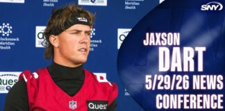 Giants QB Jaxson Dart addresses intro of President, talks with his teammates