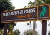 Welcome sign for MacArthur Park in Los Angeles