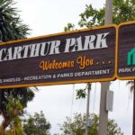 Welcome sign for MacArthur Park in Los Angeles
