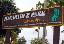 Welcome sign for MacArthur Park in Los Angeles