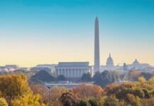 View of the Lincoln Memorial and Washington Monument in Washington D.C. during autumn