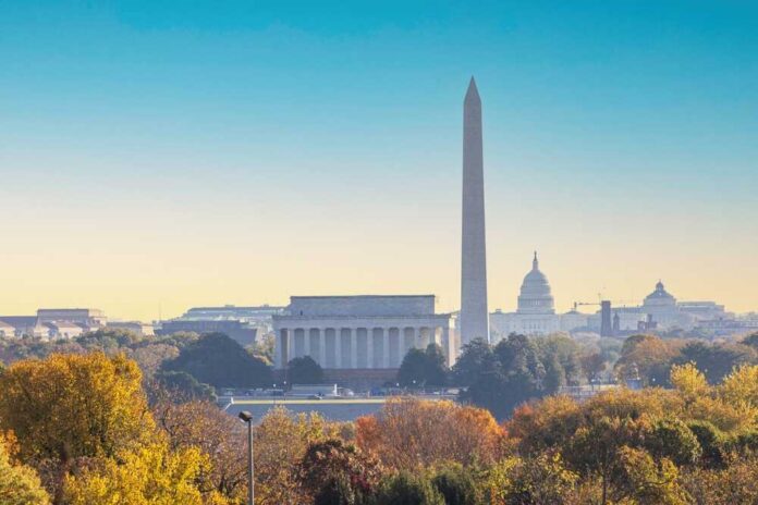 View of the Lincoln Memorial and Washington Monument in Washington D.C. during autumn