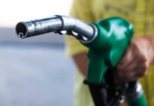 Close-up of a hand holding a green fuel pump nozzle