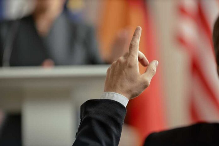 Audience member raising hand during a presentation