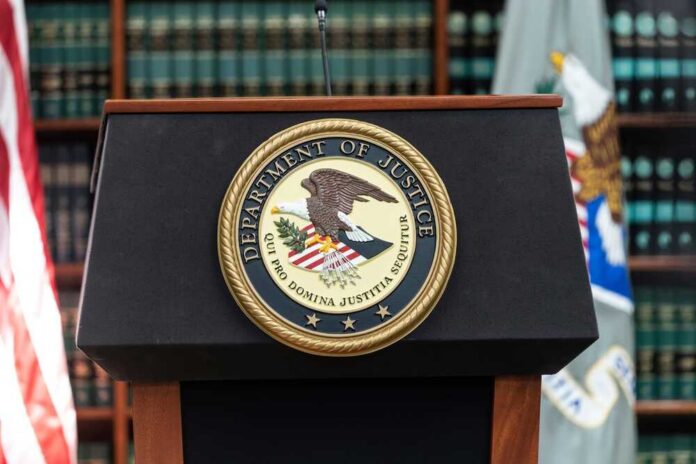 Podium with the Department of Justice seal and American flag in the background