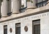 Facade of the Department of the Treasury with columns and engraved text