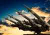 Cruise missile launcher with missiles pointed upwards against a sunset sky
