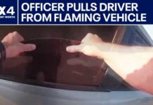 Texas police officer pulls driver from flaming vehicle