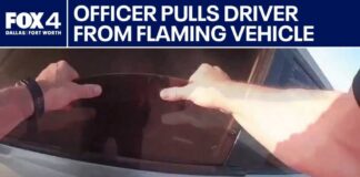 Texas police officer pulls driver from flaming vehicle