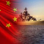 Chinese flag overlay with a large naval warship at sea