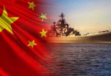 Chinese flag overlay with a large naval warship at sea