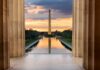 Washington Monument reflected in the Reflecting Pool at sunset