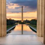 Washington Monument reflected in the Reflecting Pool at sunset