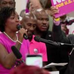 Angie Nixon speaks to supports after winning Democratic primary nomination to Florida US Senate seat