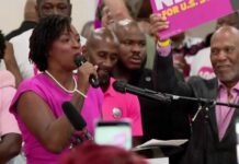 Angie Nixon speaks to supports after winning Democratic primary nomination to Florida US Senate seat