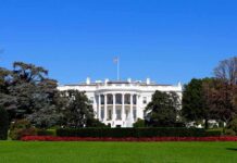 The White House facade with flag and gardens