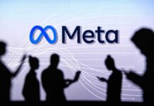 Meta logo with silhouetted people using devices
