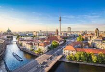 Berlin cityscape with TV Tower and river