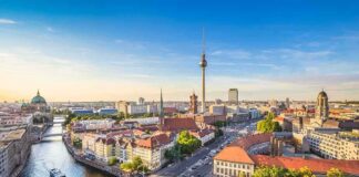 Berlin cityscape with TV Tower and river