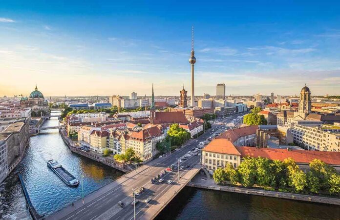Berlin cityscape with TV Tower and river