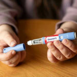 Hands holding an Ozempic injection pen.