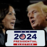 Kamala Harris and Donald Trump with a 2024 presidential election graphic in foreground