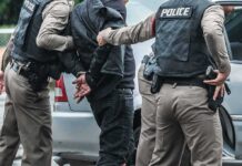 Police officers arresting a person beside a car