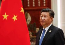 Xi Jinping standing beside a Chinese flag