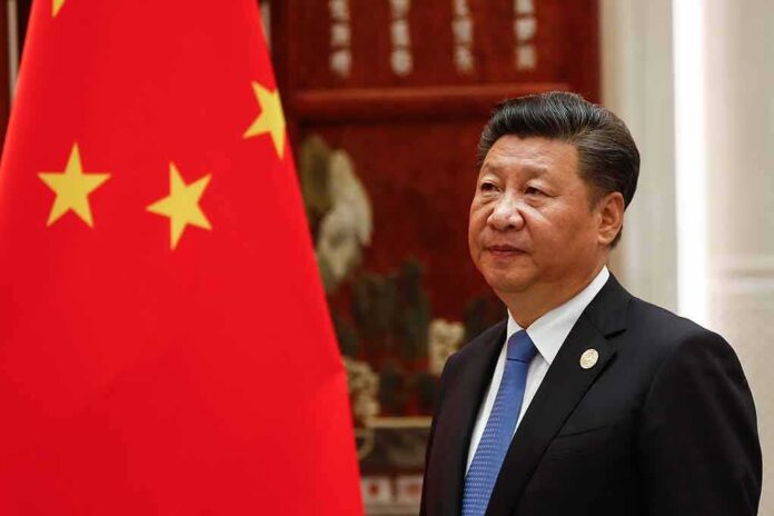 Xi Jinping standing beside a Chinese flag