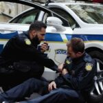 Two police officers by a patrol car, one injured and one calling for help