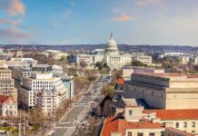 United States Capitol building with cityscape and broad avenue
